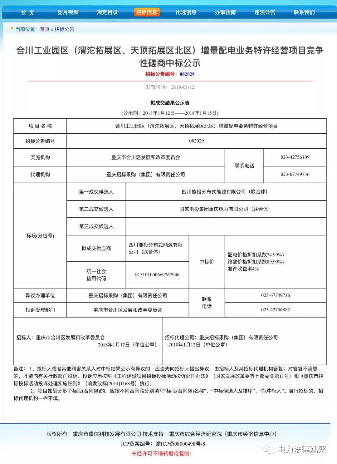 重慶合川增量配電項(xiàng)目?jī)?yōu)選結(jié)果，配電價(jià)下降25%，終端電價(jià)下降10%