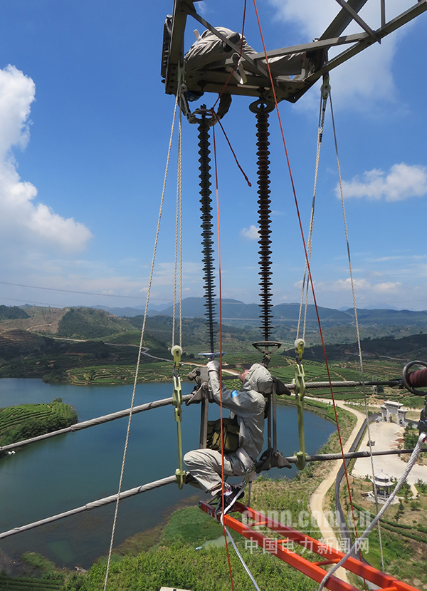 圖為工作人員冒著高溫帶電更換受損絕緣子串